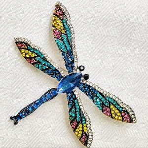 Multi Colored Dragonfly Jeweled Faux Rhinestone Brooch Pin Blue Green Yellow EUC